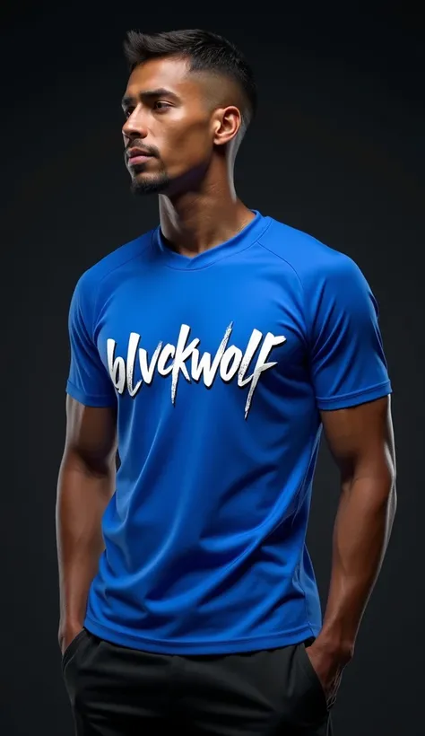  man with a slim physique wearing blue sports t-shirts, with a text that says  "BLVCKWOLF " in white letters in a graffiti font .  black background