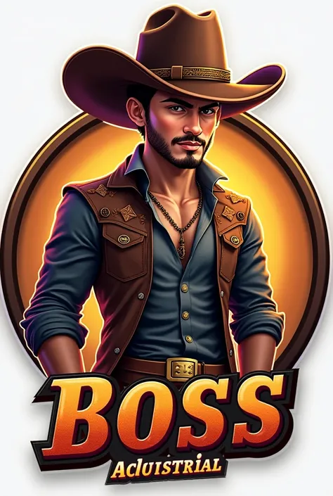 Logo 3d text reads “BOSS RIDHO KOBOY NEGLASARI” at the bottom,  with a handsome Indonesian adult MALE mascot , wears hat , cowboy in a circle ,