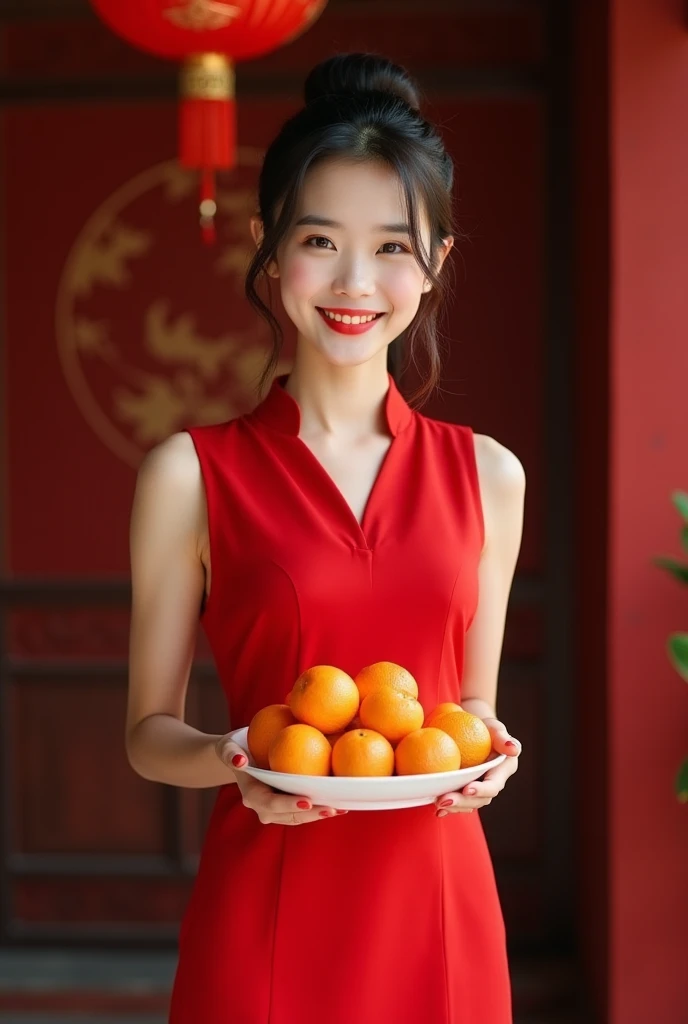 A red tone pic, a beautiful Chinese girl wearing Chinese vintage V-neck sleeveless slim fit dress, smile to the camera holding a plate full of oranges, background China walldrop,-ar 219 --S999 --V 6.01