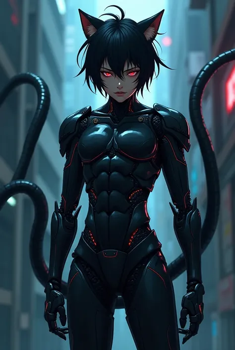 Generate a cyborg male nekomata. Make sure it is male. Dark color scheme with light blue highlights. Messy black hair, about shoulder length. More black than blue. Anime style.