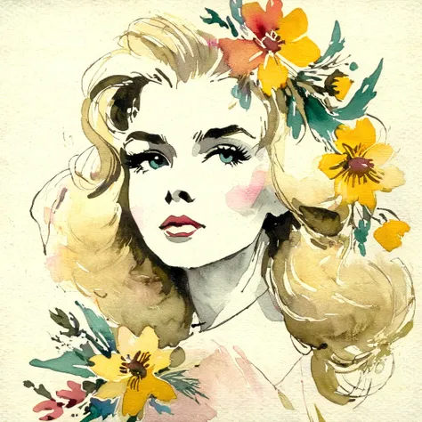 grabianski-sk A blonde girl with flowers, colored with watercolor acrylic paint, dull tone, very detailed, masterpiece.