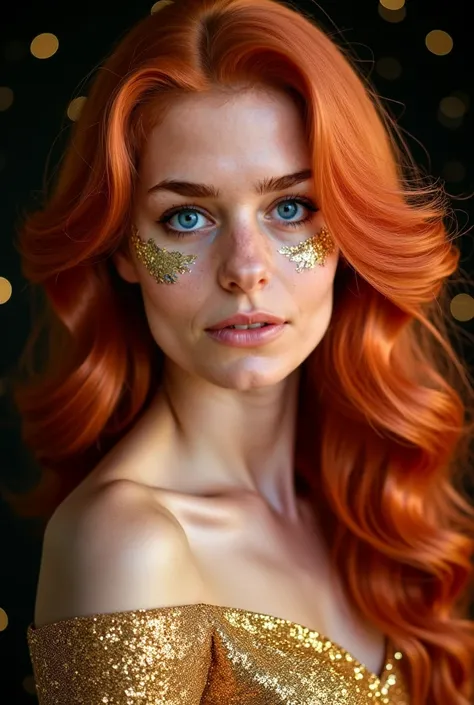 An artistic portrait of my redhead, capturing her elegant and glamorous style. She has long, wavy hair with pastel pink highlights that enhance her vibrant red locks. Her face and outfit are adorned with sparkling golden glitter, creating a luxurious, fair...