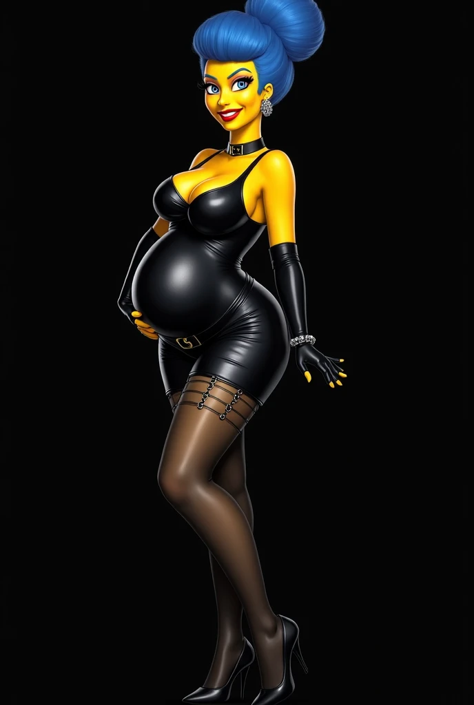 Marge Simpson is very pretty smiling with a super sexy body (( big breasts)) With a belt ,  high stockings with garter and long gloves, all wearing black clothes