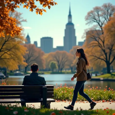 a man sitting on a bench in the empty central park, a girl walking by, detailed portrait, photorealistic, 8k, masterpiece, cinematic lighting, dramatic atmosphere, detailed scenery, lush greenery, clear blue sky, beautiful autumn colors