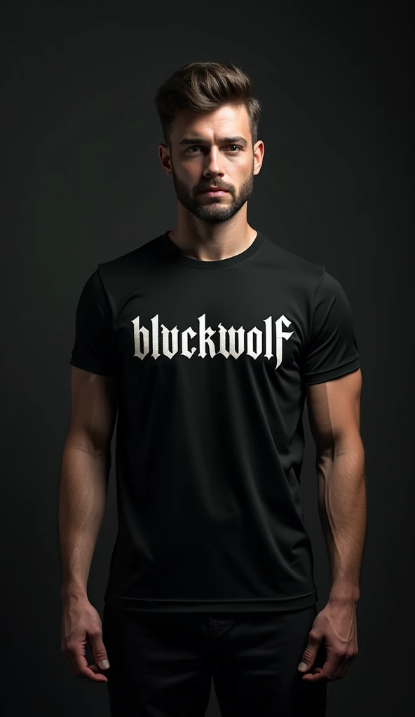 man with a slim physique wearing black sports t-shirts, with a text that says  "BLVCKWOLF " in white letters in a Medieval font.  black background