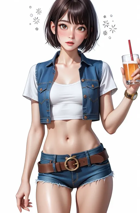  Japanese beautiful girl ,(It's 1 :2.0),( watches viewers:1.0),(denim short sleeve vest :1.1),( denim micro shorts:1.1),( slender body:1.2),(Face when hiccups appear:1.4),real skin ,small breasts,  Shiny Black Hair, Super Detailed Black Eyes, lean in,(Wear...