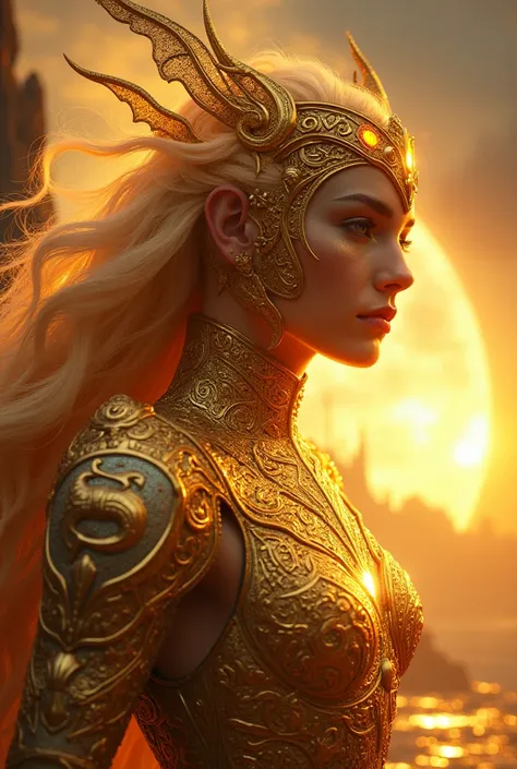 A majestic demigod with glowing golden armor, intricate celestial engravings, and an ethereal aura. Mystical runes shimmer on their skin, eyes radiating divine energy. The background is a cosmic realm with floating islands and a golden sunset. Ultra-detail...