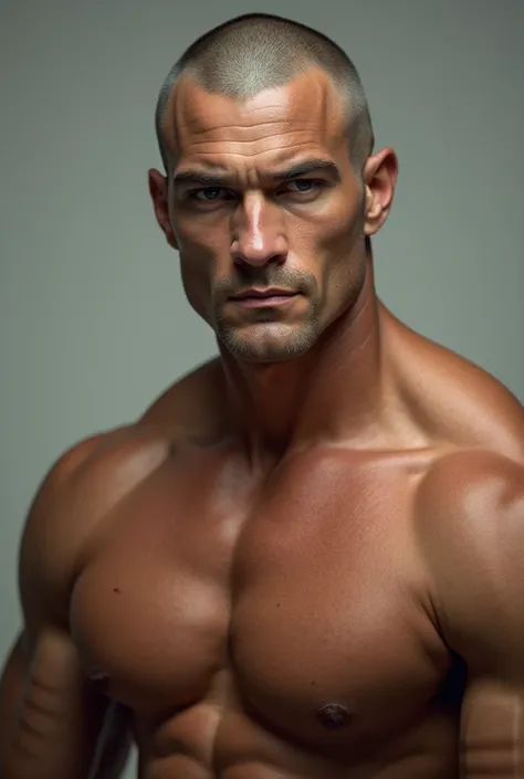 A very pumped up young guy,  bodybuilder , short shaved,  grey hair,  grey eyes