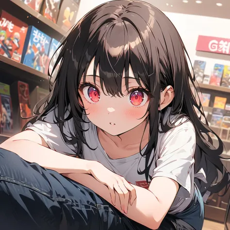  in the seat、Confused Eyes、( game shop clerk 、 casual attire in jeans and a t-shirt at the game store、 shop apron 、At the game store)、 Background Blur、( top quality、 Masterpiece、 high resolution、  Details)、Animeスタイル、 Flat Style 、, break,( beautiful eyes,  ...