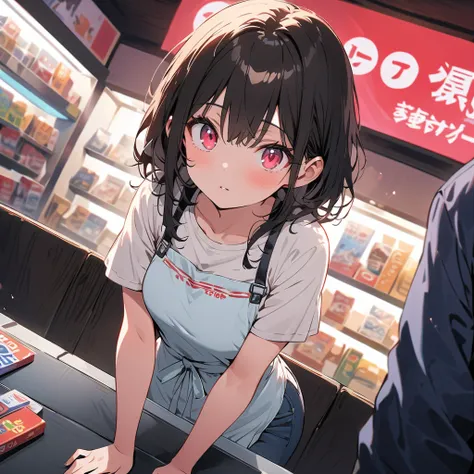  in the seat、Confused Eyes、( game shop clerk 、 casual attire in jeans and a t-shirt at the game store、 shop apron 、At the game store)、 Background Blur、( top quality、 Masterpiece、 high resolution、  Details)、Animeスタイル、 Flat Style 、, break,( beautiful eyes,  ...