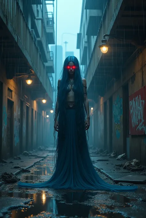 A woman with long blue hair and glowing red eyes is in a rainy city alley. 
