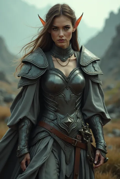 Upper body shot, female, pointed elf ears, white skin, brown hair, closed mouth, ancient elven metal armor, combat pose, dynamic pose, complex fantasy character, NSFW, cinematic lighting, fantasy, magic, detailed background, on a ravaged battlefield, best ...