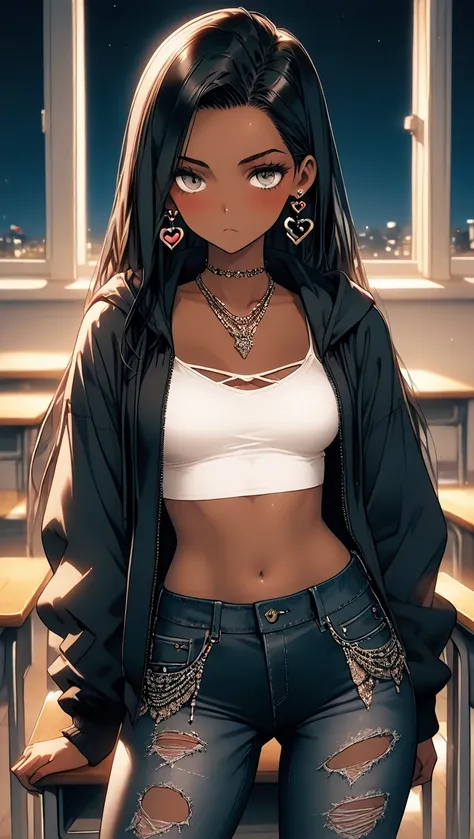 1Girl, Mature, Ebony, African American, Dark Skin, Jet Black Long Straight Hair, Grey Eyes, Medium Chest, White Halter Crop-Top, White Cropped High-Cut Hoodie, Black Ripped Jeans, Jewelry, Heart Earrings, Looking At Viewer, Bored, Serious, Blush, Confident...