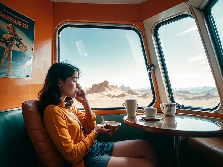  futuristic retro design  , poster, advertising a flight to Mars  .   A girl in a cozy room is sitting in a chair, looking out the round panoramic window,  she holds a magazine in her hands  .    on the table in front of her, a light breakfast with coffee....