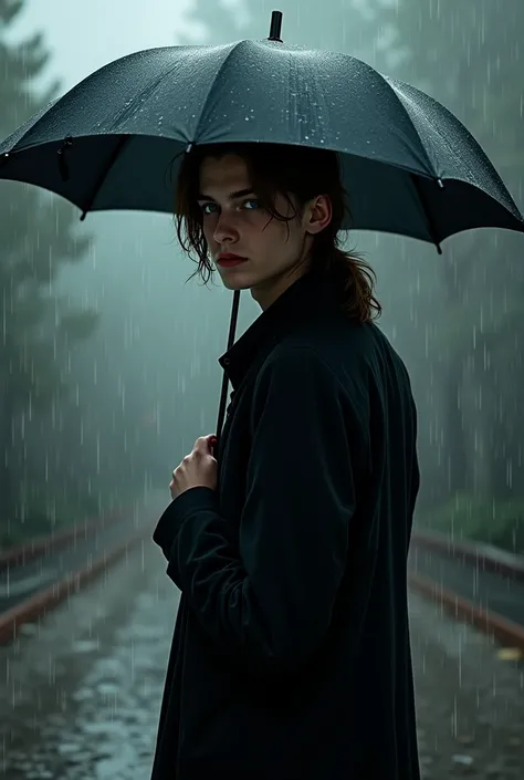 tall young man,  pale skin ,  blue eyes,  long light brown hair.  dressed in a black coat . Standing in the rain with an umbrella . 