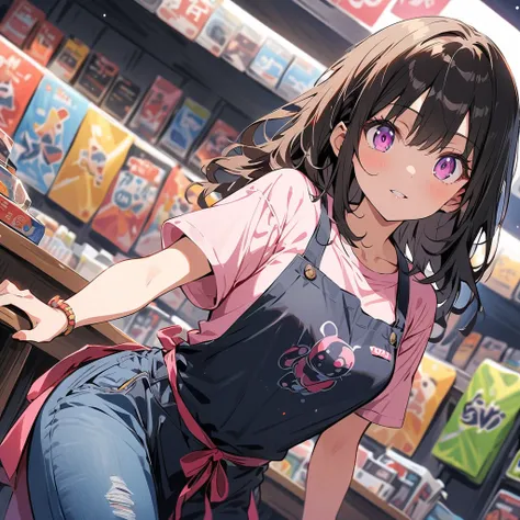  in the seat、Confused Eyes、( casual attire in jeans and a t-shirt at the game store、 shop apron 、At the game store)、 Background Blur、( top quality、 Masterpiece、 high resolution、  Details)、Animeスタイル、 Flat Style 、, break,( beautiful eyes,  has a delicate and...