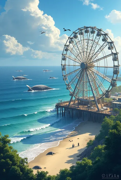 Beachfront Ferris Wheel with Whales 
