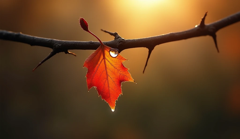 A delicate autumn leaf, vibrant with shades of red and orange, drifts gently through the air, caught in the soft glow of golden sunlight. As it descends, it meets the sharp edge of a lone, jagged thorn protruding from a dark, twisted branch. The fragile le...