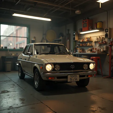 ( top quality: 1.2,masterpiece: 1.2),8k, Professional Lighting , movie lighting, super real , Ultra HD, high definition , Ultra HD,1979 torota corolla in garage,retro vibes,(corolla)