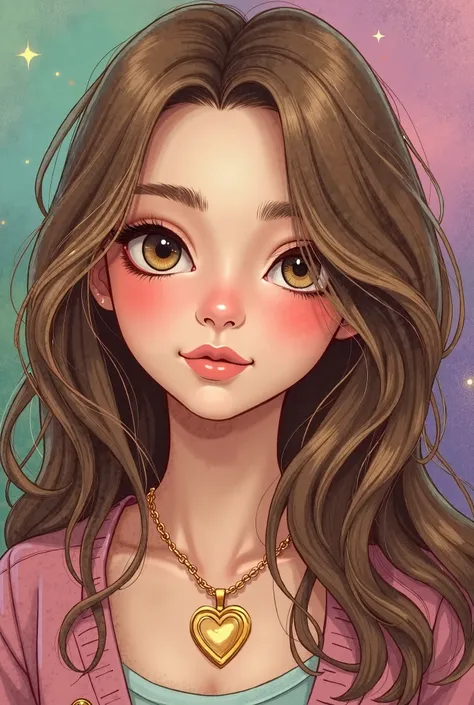 draw a girl with long, slightly wavy hair, light brown, eyes the color of honey, light skin with a gold heart necklace, in the background with green colors, purple, rosado, blue