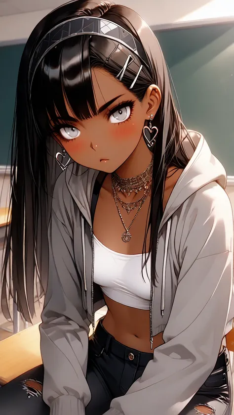 1Girl, Mature, Ebony, African American, Dark Skin, Jet Black Long Straight Hair, Grey Eyes, Medium Chest, White Halter Crop-Top, White Cropped High-Cut Hoodie, Black Ripped Jeans, Jewelry, Heart Earrings, Black Hair Clips, Black Hairband, Looking At Viewer...