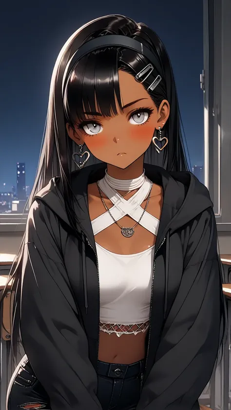 1Girl, Mature, Ebony, African American, Dark Skin, Jet Black Long Straight Hair, Grey Eyes, Medium Chest, White Halter Crop-Top, White Cropped High-Cut Hoodie, Black Ripped Jeans, Jewelry, Heart Earrings, Black Hair Clips, Black Hairband, Looking At Viewer...