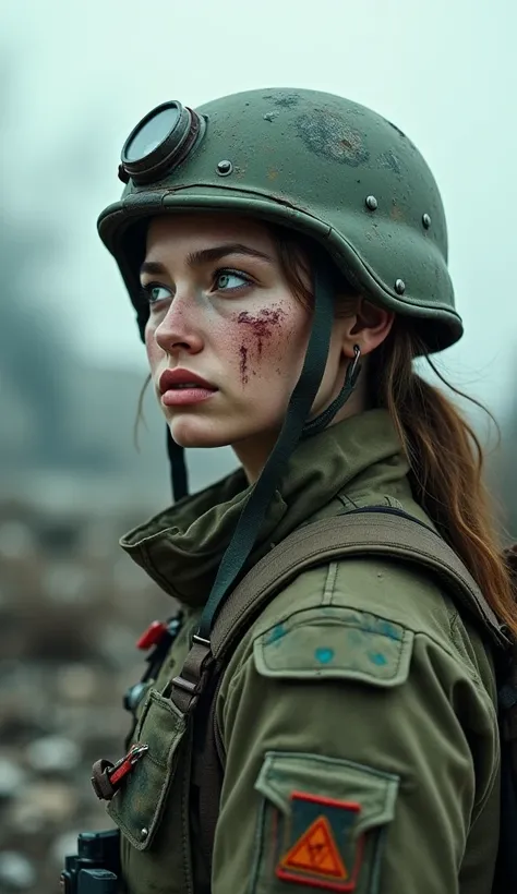 🧐.A battle-weary female soldier stands amidst a desolate, post-apocalyptic wasteland, her face dirty and bruised, streaked with tears of despair. Her eyes reflect deep sadness, staring off into the distance as smoke rises from the crumbling, industrial rui...