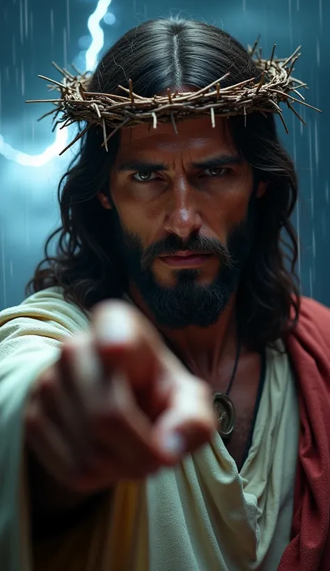  Ultra-realistic 8K image of Jesus looking directly at the camera with a serious and intense look. He is close to the viewer ,  pointing his index finger forward ,  drawing attention with force .  Jesus wears a detailed crown of thorns ,  his expression tr...