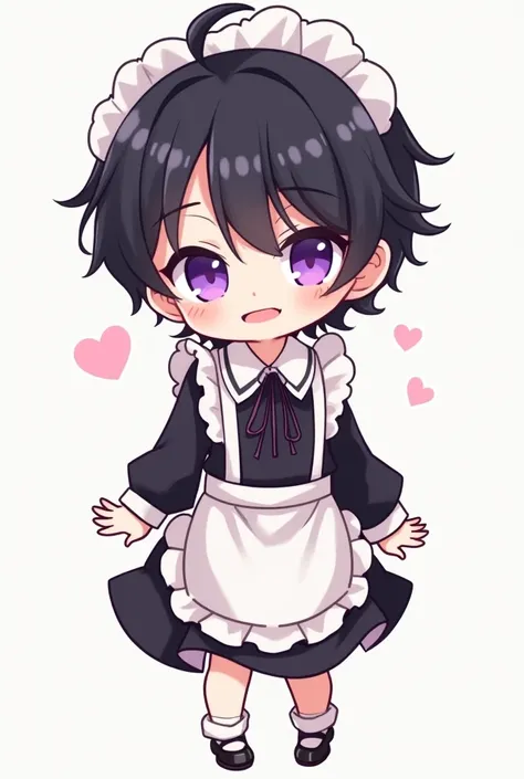  chibi、 boys、 black hair、 purple eyes、Short Hair、 Long Sleeve、 maid clothes