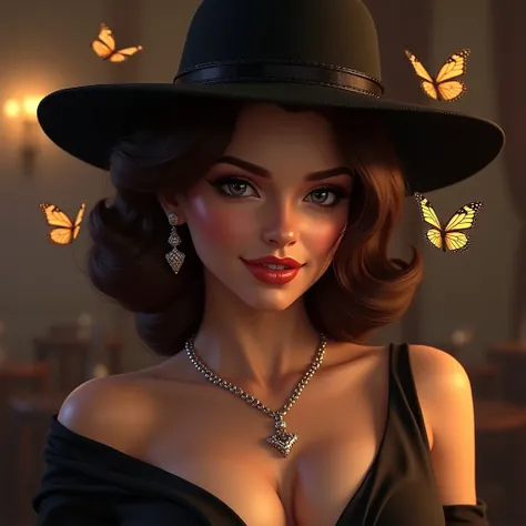 Femme fatale brunette with jewelry classy style hottie with a hat written Yuna with butterflies 