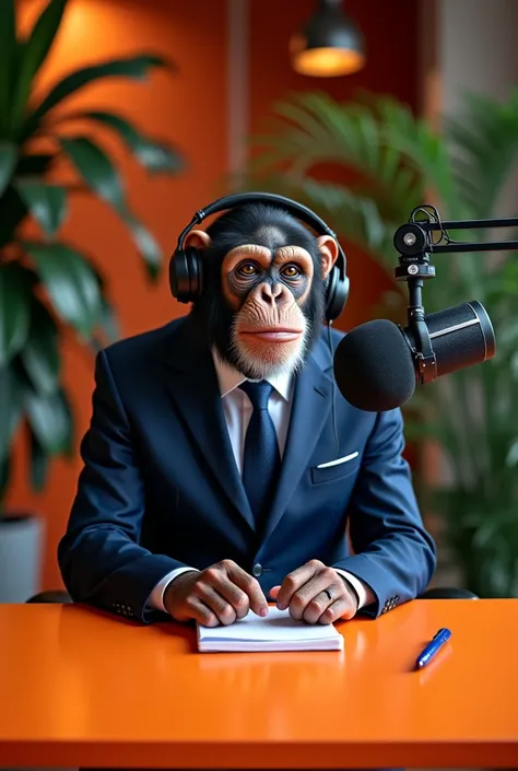 A chimpanzee dressed in a formal navy blue business suit with a matching tie, sitting at a modern orange desk in a professional podcast studio. The chimpanzee is wearing high-quality over-ear headphones and speaking into a professional studio microphone at...