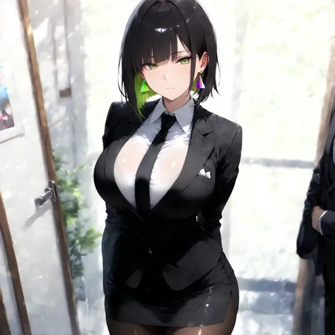 masterpiece, (((( best quality )))),1 girl, Japanese Anime ,character profilele,shiny skin, wearing a black suit,skirt suit, black tie , dark hair, short bob hair,The inner color of the hair is green, green eyes,isosceles triangle earrings, black tights,la...