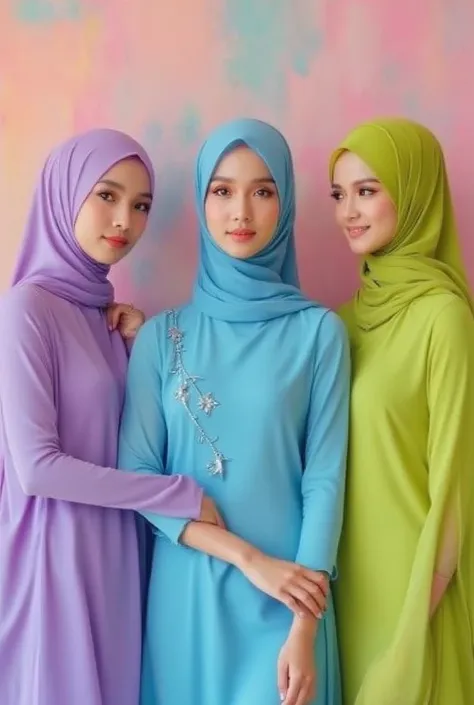 three Asian women wearing long hijabs wearing fashionable and trendy purple, blue and lime dresses, they are posing like models. pastel multi-colored wallpaper background. photography