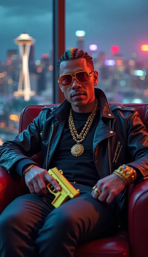 Portrait of a light-skinned little stocky strong person, with futuristic style glasses, A colorful braided hairstyle, cool clothes and ostentatious jewelry, Holds a golden modern pistol casually in his hand, Look amused and snooty,  sitting casually in a l...