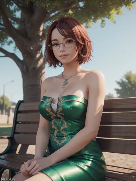  close-up ,  upper body. Short,  red hair,  green eyes,  metallic glasses,  second-size chest,  green strapless dress, smiling 15-year-old girl sitting on a park bench. ( masterpiece,  top quality ,  Better quality,  official art ,  beautiful and aesthetic...