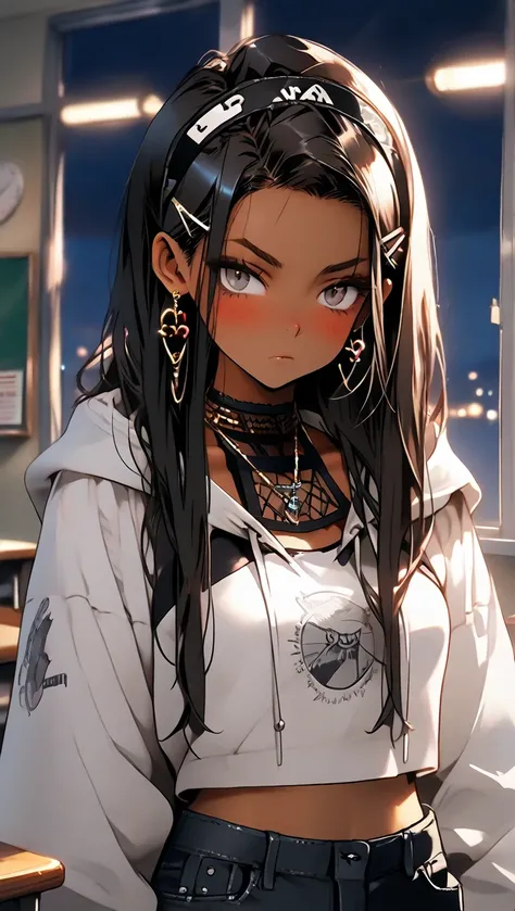 1Girl, Mature, Ebony, African American, Dark Skin, Jet Black Long Straight Hair, Grey Eyes, Medium Chest, White Halter Crop-Top, White Cropped High-Cut Hoodie, Black Ripped Jeans, Jewelry, Heart Earrings, Black Hair Clips, Black Hairband, Looking At Viewer...