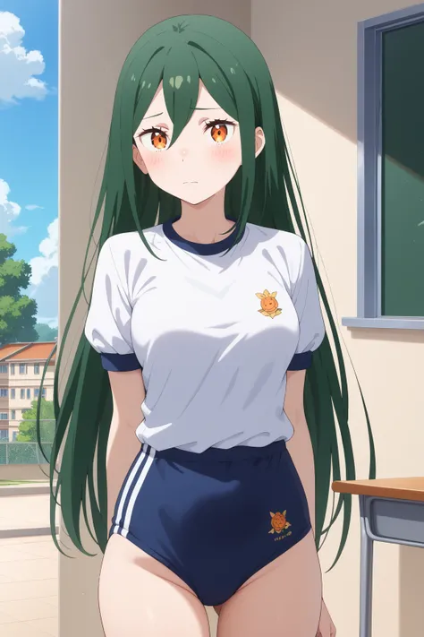 masterpiece,best quality,{{detailed beautiful face and eyes}}, very detailed background,
Crusch Karsten,{{{megami magazine}}},long hair,green hair,hair between eyes,orange eyes,medium breasts,
gym uniform,red buruma, white shirt, short sleeves, thighs,
1gi...