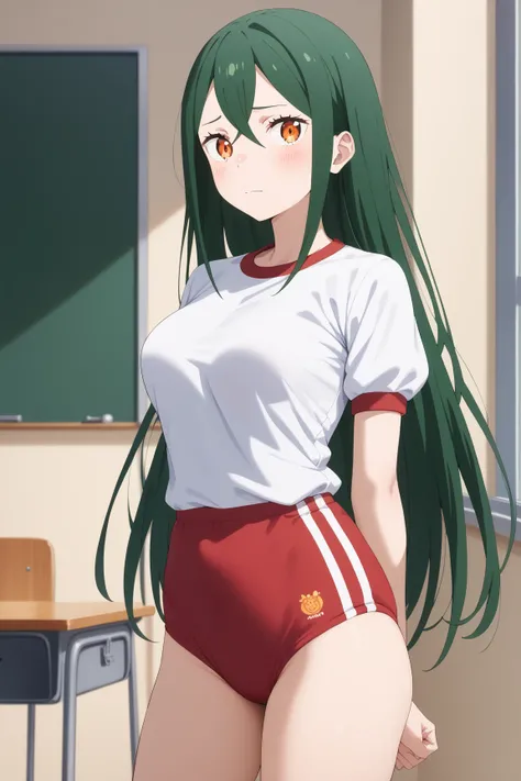 masterpiece,best quality,{{detailed beautiful face and eyes}}, very detailed background,
Crusch Karsten,{{{megami magazine}}},long hair,green hair,hair between eyes,orange eyes,medium breasts,
gym uniform,red buruma, white shirt, short sleeves, thighs,
1gi...