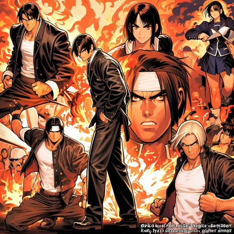  top quality，THE KING OF FIGHTERS，Kyo Kusanagi，Type 108: Black Dispeller，Burn，inflammation， school uniform， dynamic poses，