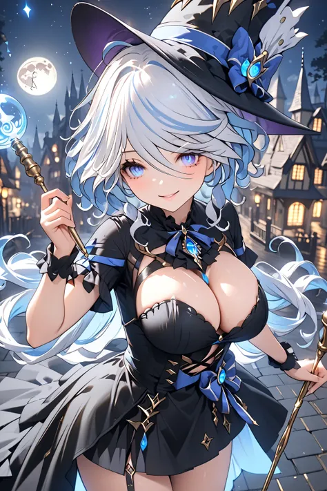  1 woman、 big breasts、 Light Blue Short Hair、Sexy witch、 beautiful face、 Long Wavy Light Blue Hair、Captivating eyes、 Tight, Exposing Black Dress 、 Skirt with Deep Slits 、 Big Witch Hat 、 Mysterious atmosphere 、 bewitching smile in AKB48 costume、Flying acro...