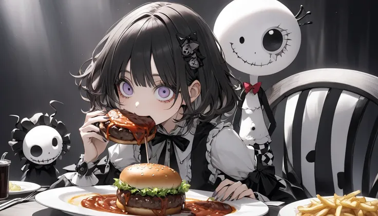    Tim Burton's Style、 I'm sitting and eating a hamburger steak, woman,