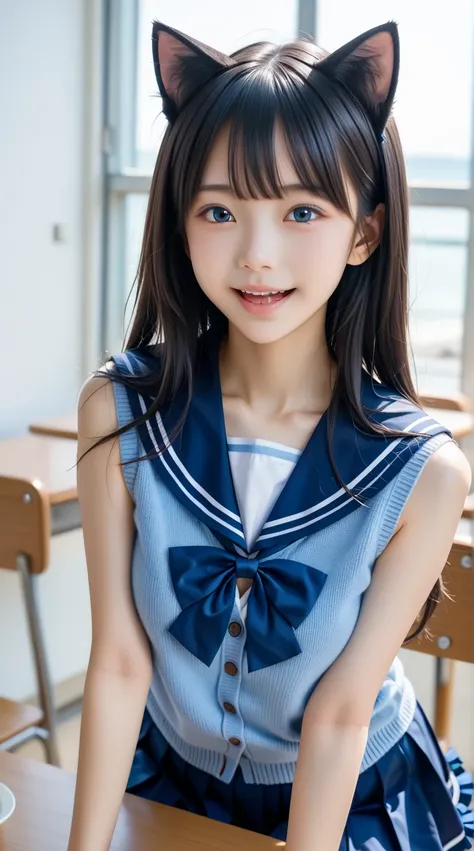 There is a smiling woman sitting at the table,  rub my chest、 ((( open your mouth、 semen in the mouth)))、Close-up face close-up、 side view 、break (((Highlight taut breasts、 highlight separated breasts、Highlight tight breasts )))、((( sailor collar 、 Navy Bl...