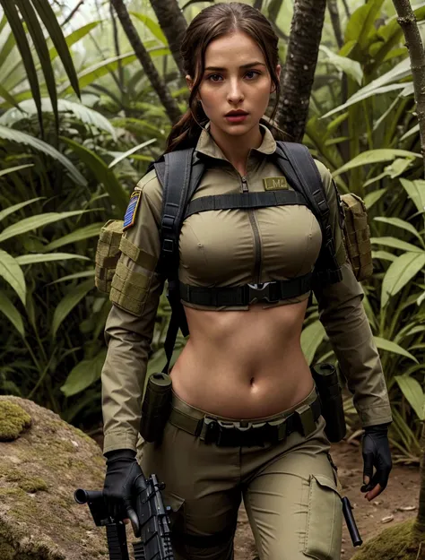 A group of 24 year old women, Beautiful white european girl,  young spy, Military Girl, beautiful female spy,  solo female character, Future combat equipment, military rucksack,  Woman wearing white cropped Secret Agent Tight Suit, Show navel, Wear tactica...