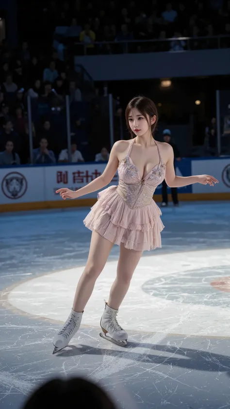 (A Japanese female figure skater.) She has a large breasts. She is wearing a frilly figure skating costume. She is competing on an ice rink., (she leans forward with her arms outstretched and raises one leg straight behind her.), (detailed sexy frilly figu...