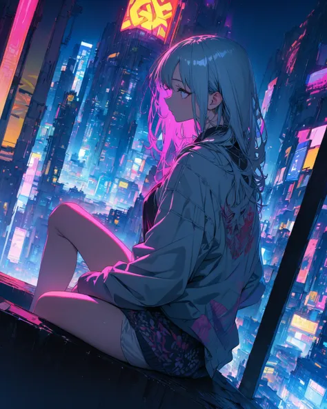  top quality, Super Fine, 16k,  incredible high resolution,  extremely detailed,  light blue background、 night view(Spectacular views:1.1)、Beautiful woman sitting on the corner of a building in casual clothes、 side angle、vibrant academia、 cyberpunk