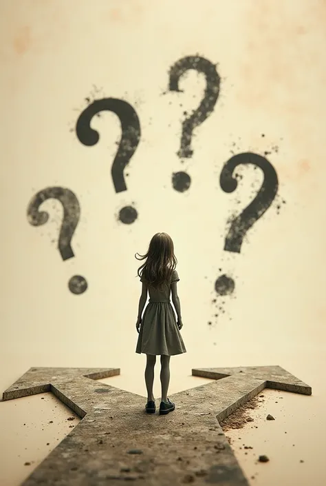 figure of a girl standing at a crossroads, but instead of clear paths, the directions are vague or blurry. Each path could be represented by different question marks or abstract symbols—things that look like possibilities but don’t have clear endings. The ...