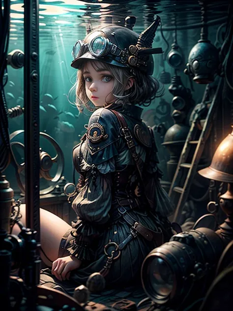 (   high quality  :1.2)。steampunk。    One girl。   short dark hair  。 одежда steampunk 。 steampunk наушники 。  devices  {p}  sitting in a submarine cabin  。   Back to viewer 。  she looks back at the viewer over her shoulder、   serious look  。devices  освеще...