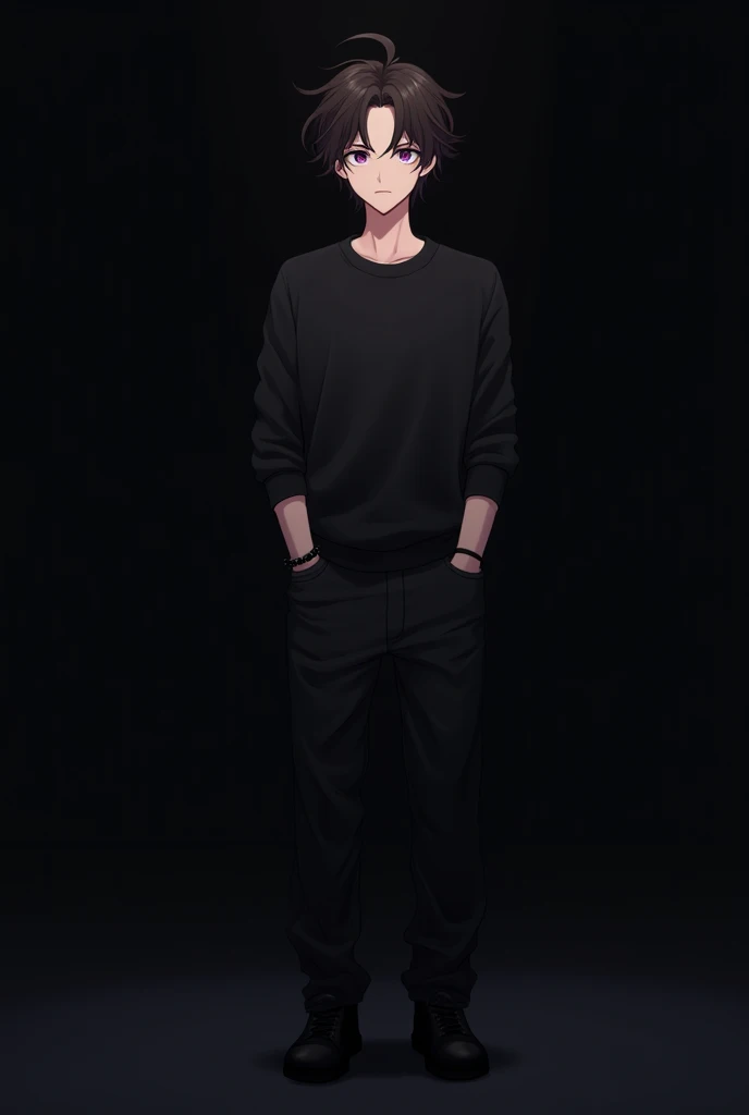 anime style, anime guy, creamy skin,  curly brown hair ,  purple eyes, black space sweatshirt, black loose-fitting jeans,  black boots , black bracelet on the left wrist