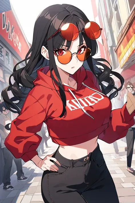 anime adult female, long curls hair, black hair, casual red eyes, crop top hoodie, black jeans, thin round tinted sunglasses with red sunwear, jujutsu kaisen characters