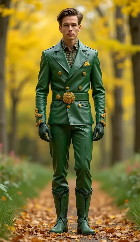 Full body photorealistic shots of handsome hunky slender Prince of Spring,, brown hair. Wearing a chartreuse green and bronze leather suit with gloves belt and boots, Spring wonderland as background bokeh. Standing on the magic circle 